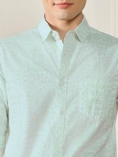 Dennis Lingo Men's Green Ethnic Motifs Printed Cotton Slub Casual Shirt