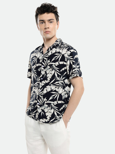 Men's Cuban Collar Regular Fit Printed Navy Casual Shirt