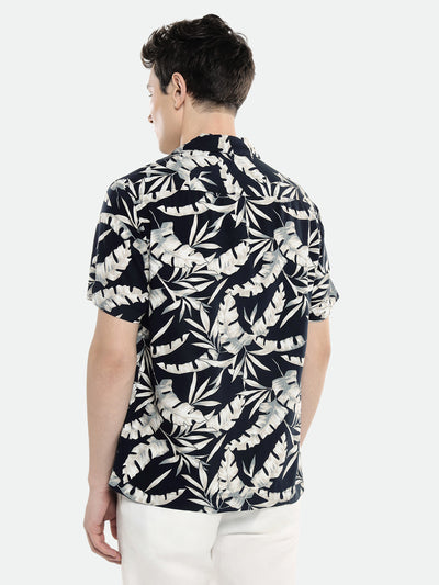 Men's Cuban Collar Regular Fit Printed Navy Casual Shirt