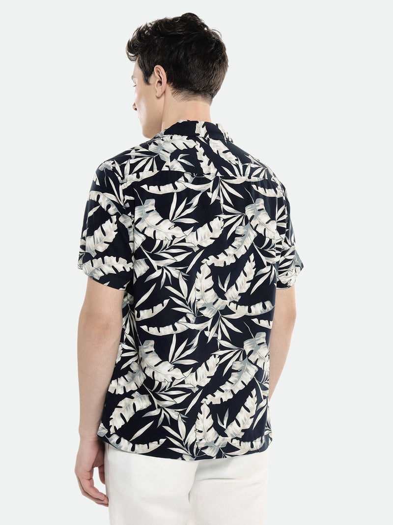 Men's Cuban Collar Regular Fit Printed Navy Casual Shirt