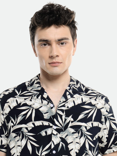 Men's Cuban Collar Regular Fit Printed Navy Casual Shirt