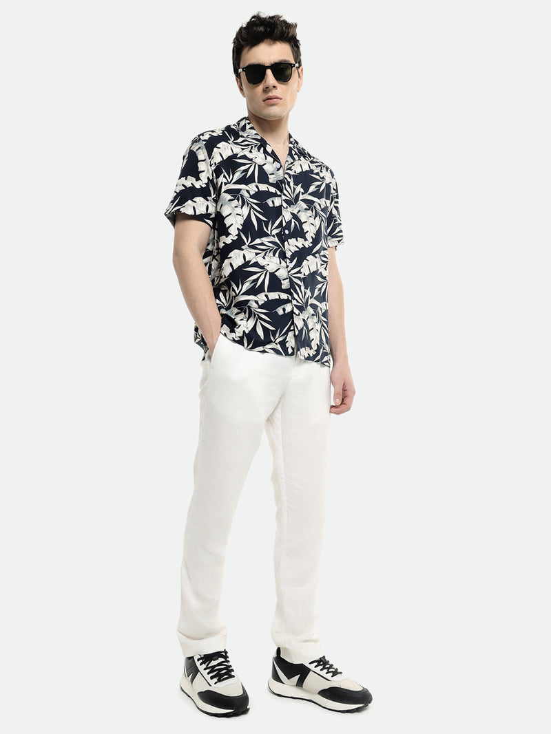 Dennis Lingo Men's Cuban Collar Regular Fit Printed Navy Casual Shirt