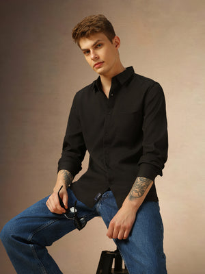 Men's Black Textured Spread Collar Full sleeve Regular Fit Shirt