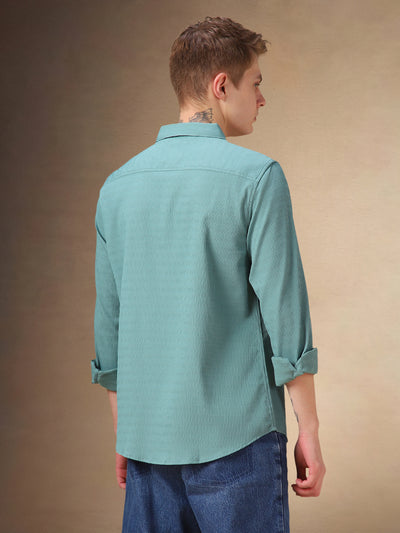 Men's Blue Solid Textured Spread Collar Full Sleeves Shirt