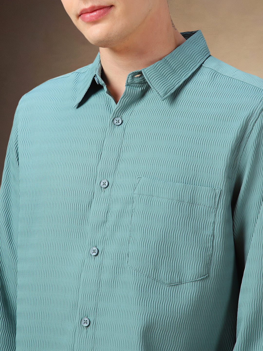 Men's Blue Solid Textured Spread Collar Full Sleeves Shirt