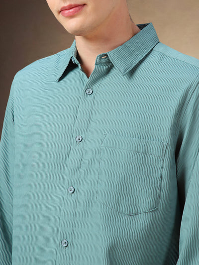 Men's Blue Solid Textured Spread Collar Full Sleeves Shirt