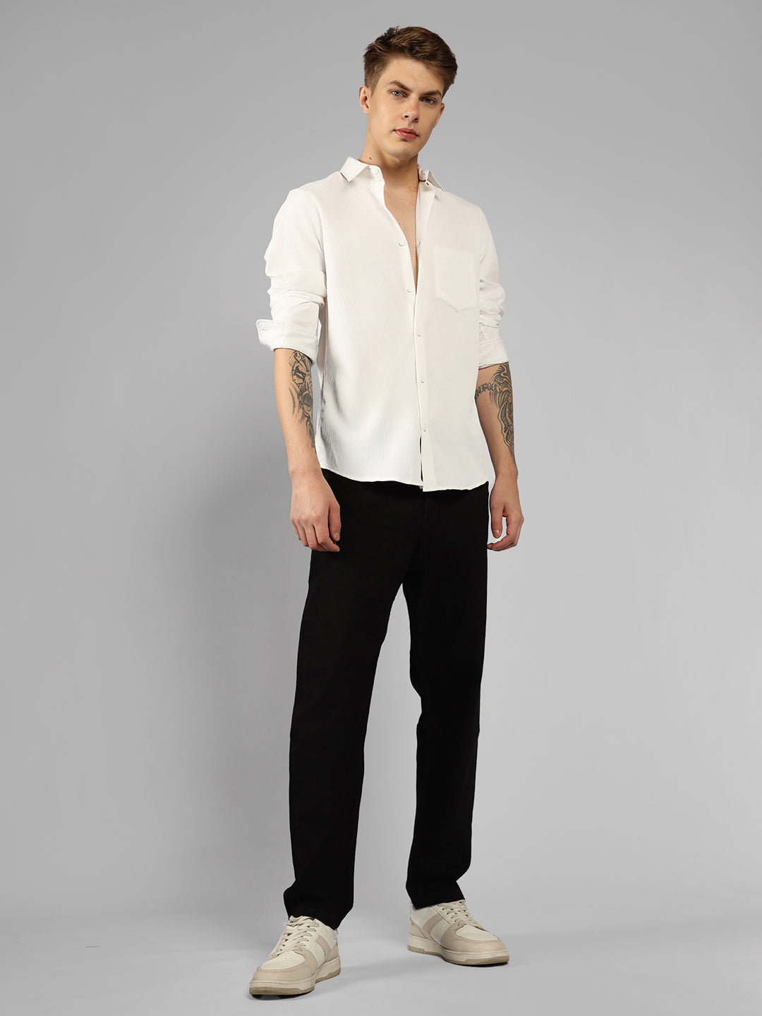 Men's White Textured Spread Collar Full sleeve Regular Fit Shirt