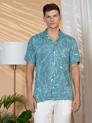 Men's Sage Green Printed Cuban Collar Half sleeve Relaxed Fit Shirt