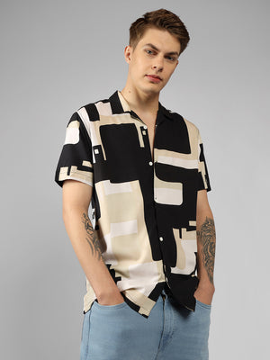 Men's Black Printed Cuban Collar Half sleeve Relaxed Fit Shirt