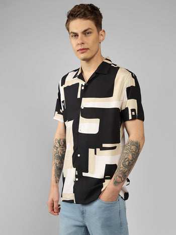 Men's Black Printed Cuban Collar Half sleeve Relaxed Fit Shirt