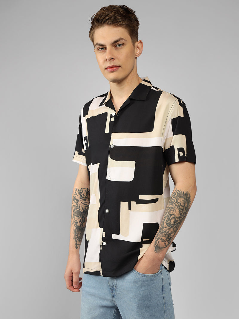 Men's Black Printed Cuban Collar Half sleeve Relaxed Fit Shirt