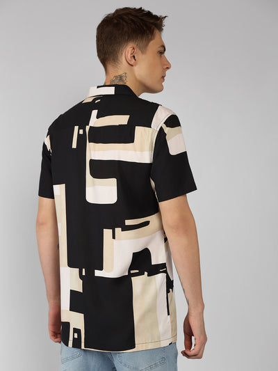 Men's Black Printed Cuban Collar Half sleeve Relaxed Fit Shirt