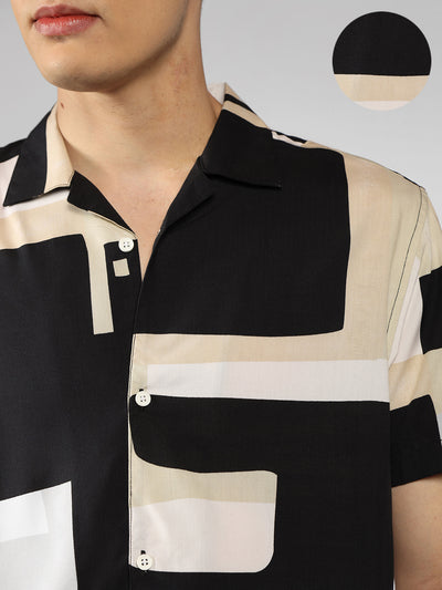 Men's Black Printed Cuban Collar Half sleeve Relaxed Fit Shirt
