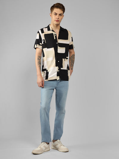 Men's Black Printed Cuban Collar Half sleeve Relaxed Fit Shirt