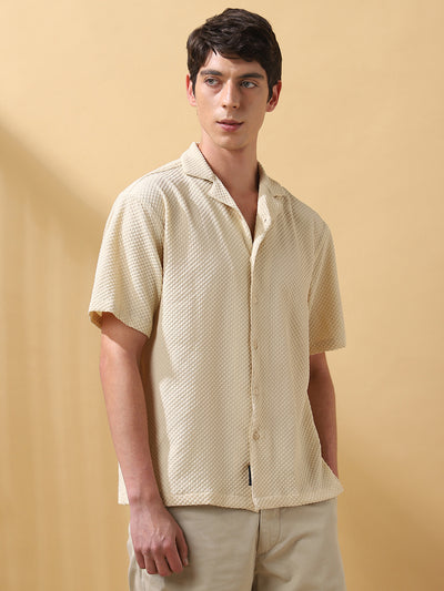 Men Solid Textured Cuban Collar Half Sleeves Casual Shirt