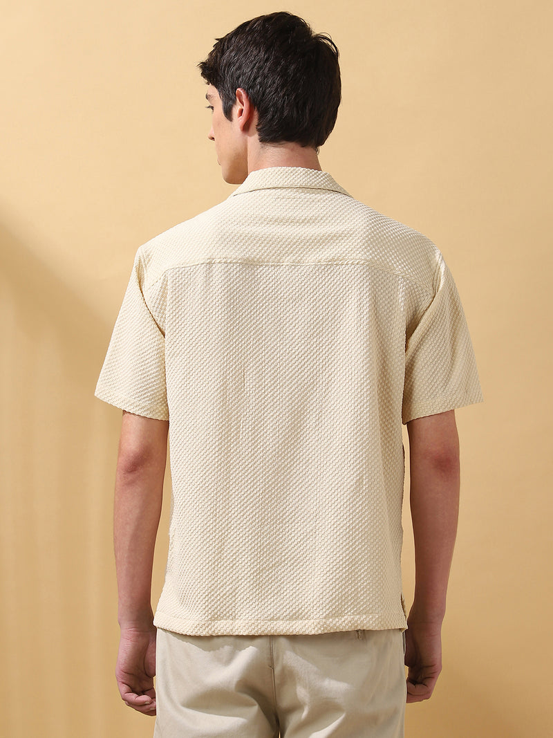 Men Solid Textured Cuban Collar Half Sleeves Casual Shirt