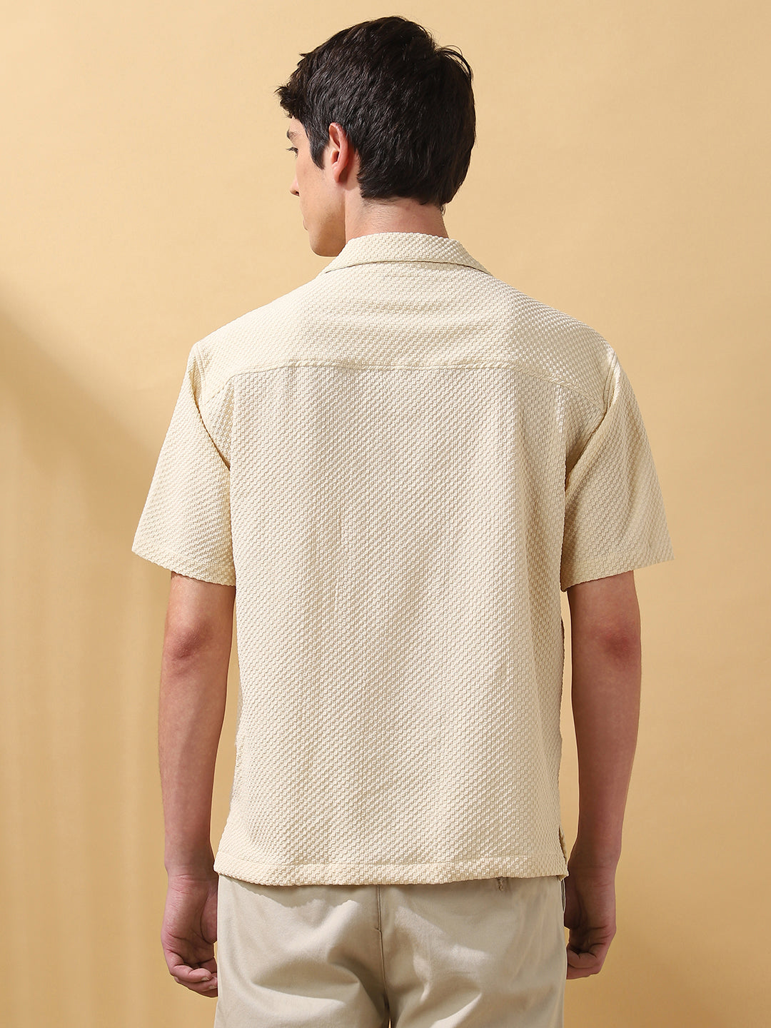 Men Solid Textured Cuban Collar Half Sleeves Casual Shirt