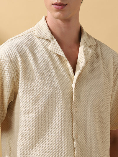 Men Solid Textured Cuban Collar Half Sleeves Casual Shirt