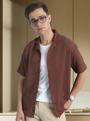 Men Solid Textured Cuban Collar Half Sleeves Casual Shirt