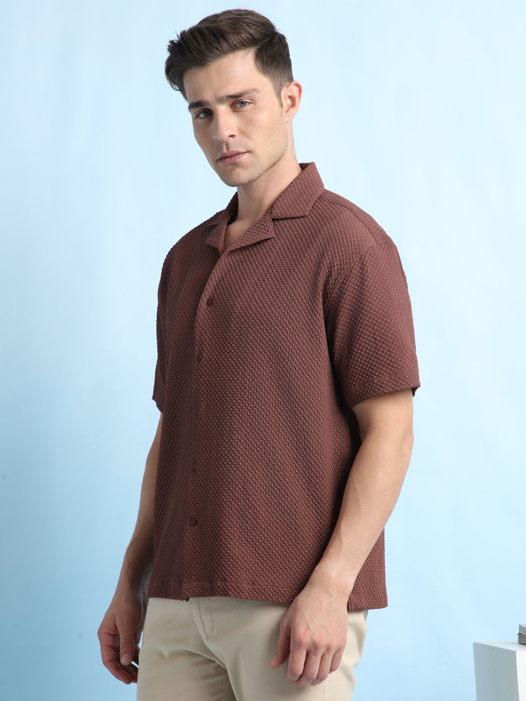 Men Solid Textured Cuban Collar Half Sleeves Casual Shirt