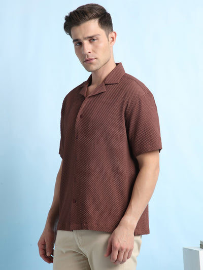 Men Solid Textured Cuban Collar Half Sleeves Casual Shirt