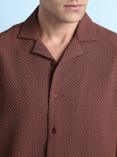 Men Solid Textured Cuban Collar Half Sleeves Casual Shirt