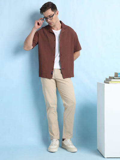 Men Solid Textured Cuban Collar Half Sleeves Casual Shirt