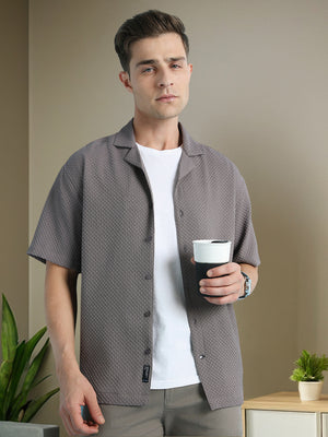 Men Solid Textured Cuban Collar Half Sleeves Casual Shirt