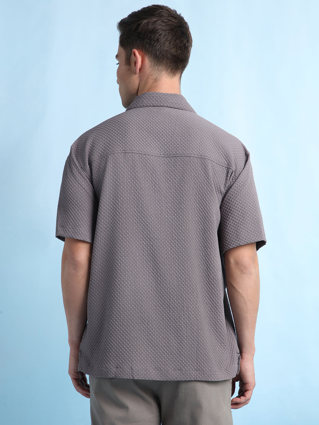 Men Solid Textured Cuban Collar Half Sleeves Casual Shirt