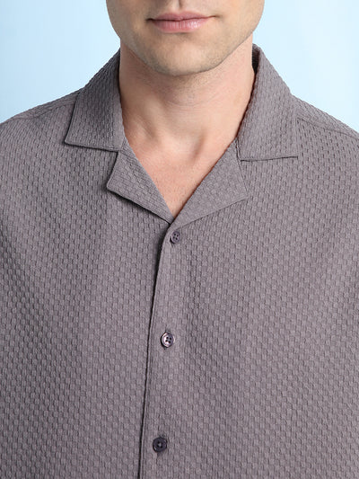 Men Solid Textured Cuban Collar Half Sleeves Casual Shirt