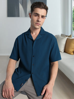 Men's Solid Textured Cuban Collar Half Sleeves Casual Shirt