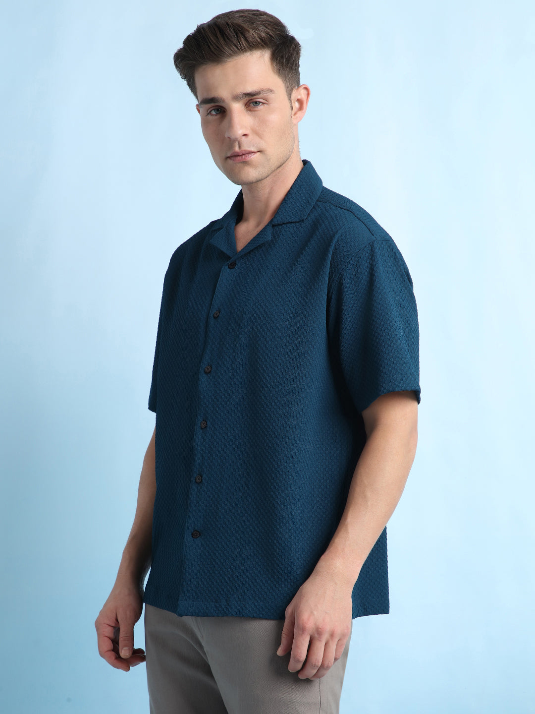 Men Solid Textured Cuban Collar Half Sleeves Casual Shirt