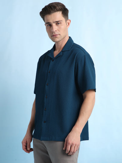 Men Solid Textured Cuban Collar Half Sleeves Casual Shirt