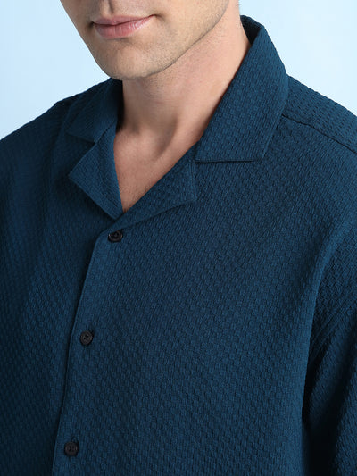 Men Solid Textured Cuban Collar Half Sleeves Casual Shirt
