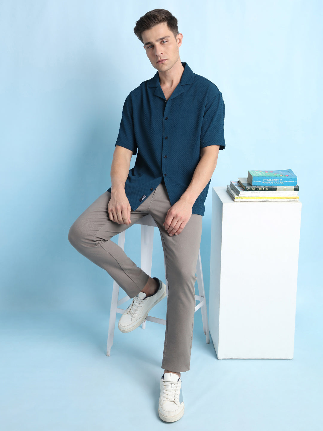 Men Solid Textured Cuban Collar Half Sleeves Casual Shirt
