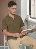 Men Solid Textured Cuban Collar Half Sleeves Casual Shirt
