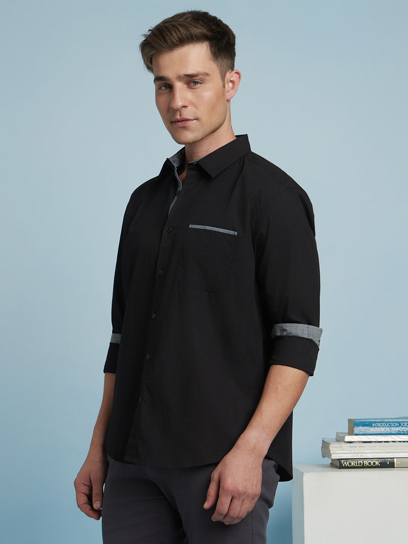 Men Black Solid Spread Collar Full Sleeves Regular Fit shirt