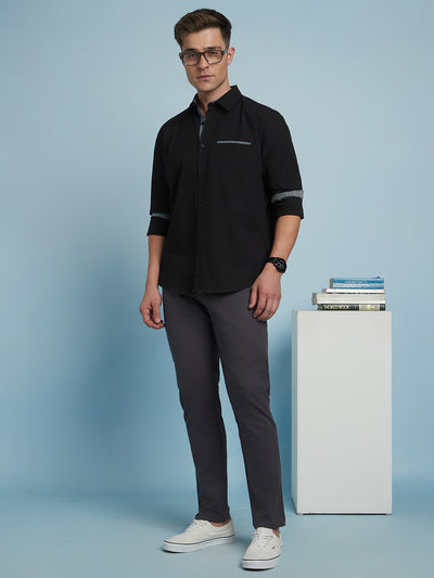 Men Black Solid Spread Collar Full Sleeves Regular Fit shirt
