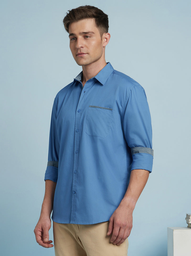 Men Blue Solid Spread Collar Full Sleeves Regular Fit shirt