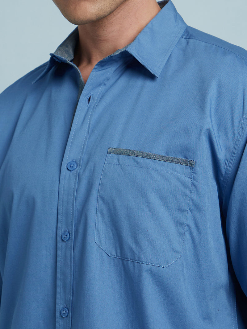 Men Blue Solid Spread Collar Full Sleeves Regular Fit shirt