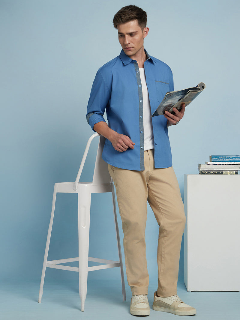 Men Blue Solid Spread Collar Full Sleeves Regular Fit shirt