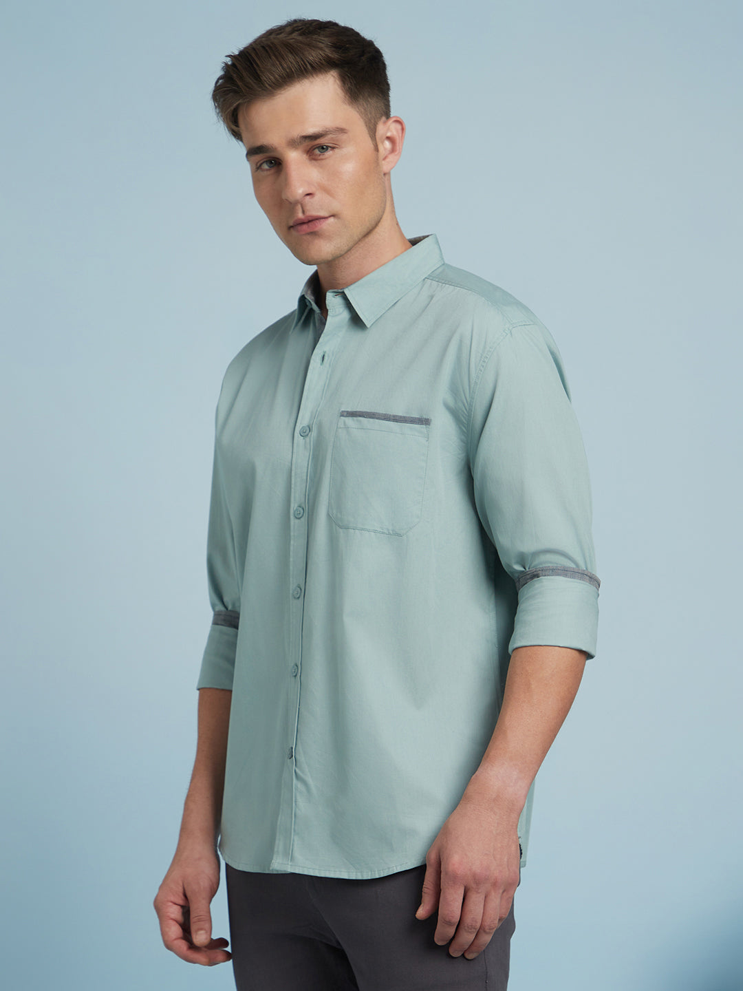 Men's Sage Green Solid Spread Collar Full Sleeves Regular Fit Shirt
