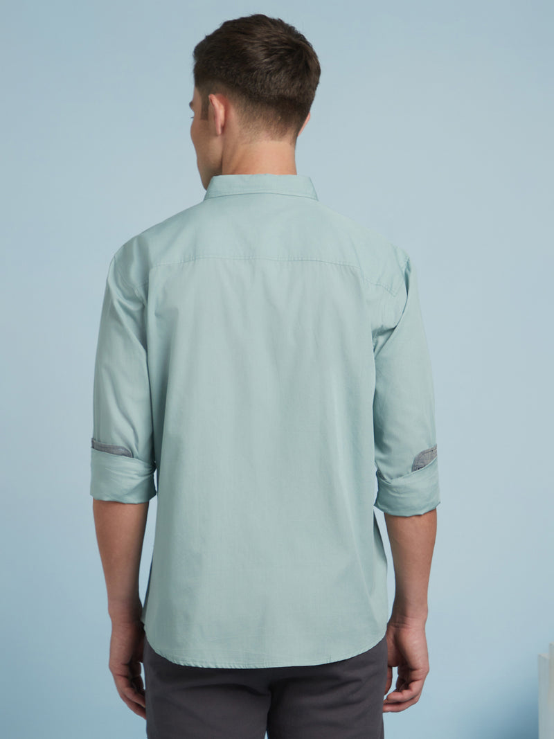 Men Sage Green Solid Spread Collar Full Sleeves Regular Fit shirt