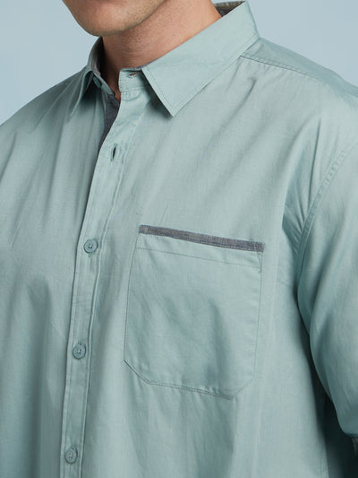Men Sage Green Solid Spread Collar Full Sleeves Regular Fit shirt