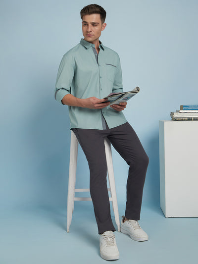 Men Sage Green Solid Spread Collar Full Sleeves Regular Fit shirt