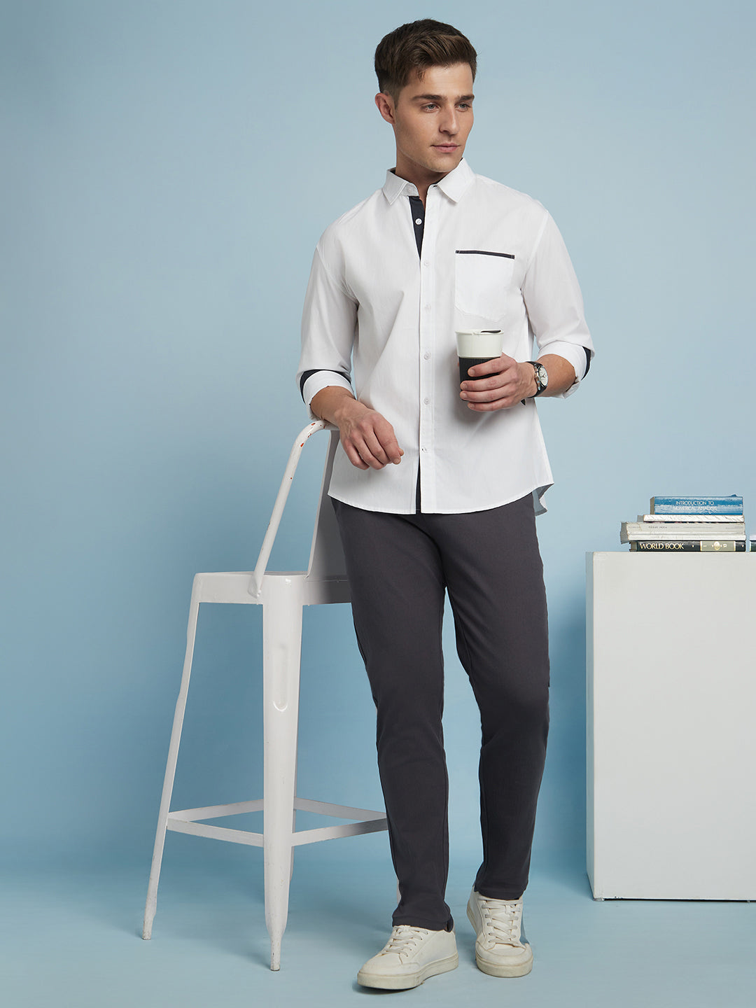 Men White Solid Spread Collar Full Sleeves Regular Fit shirt
