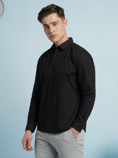 Men Black Solid Spread Collar Full Sleeves Regular Fit shirt