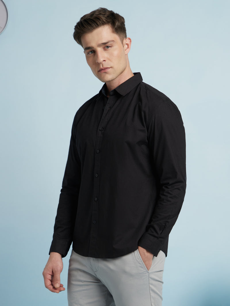 Men Black Solid Spread Collar Full Sleeves Regular Fit shirt