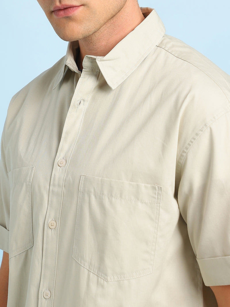 Men's Beige Solid Spread Collar Half Sleeves Casual Shirt