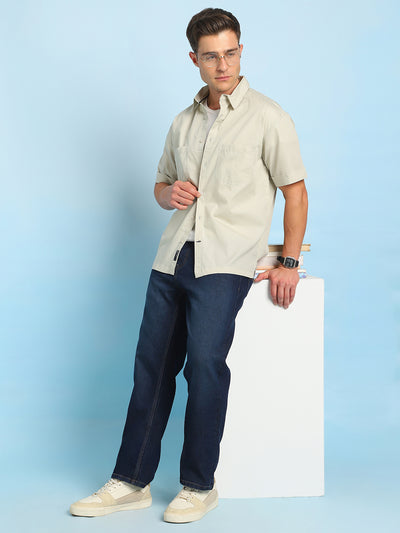 Men's Beige Solid Spread Collar Half Sleeves Casual Shirt